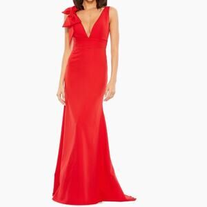 Mac Duggal Red Bow V Neck A Line Gown Size 0 Formal Holiday Christmas Dress